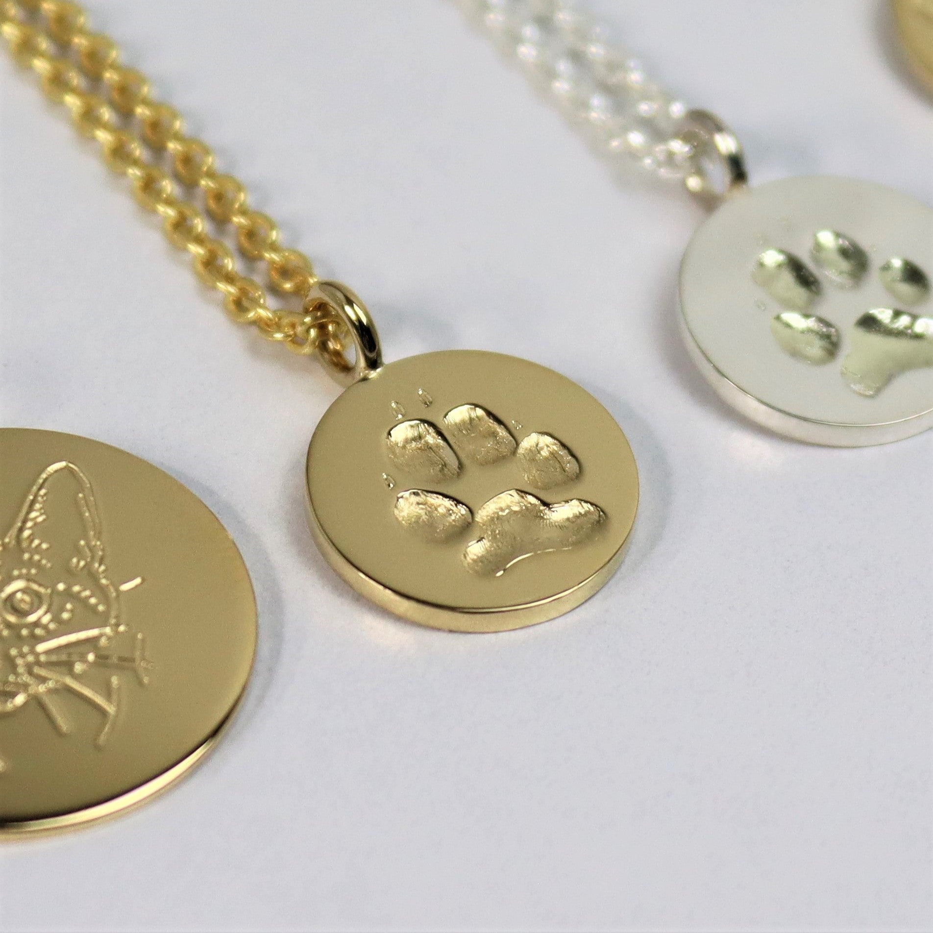 Your pet's actual paw print custom personalized pendant and puffed heart  charm gold fill necklace - Various diameters - Pet memorial jewelry